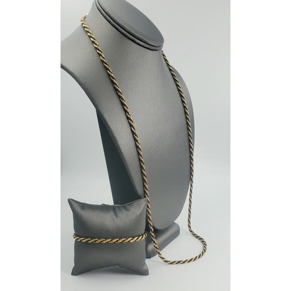 Vintage Trifari Twisted Rope Necklace and Bracelet Set – Black & Goldtone Metal - Picture 2 of 7